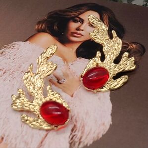 Vintage Estate Baroque Palace Red Crystal Abstract Gold Drop Earrings